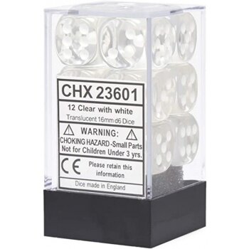Chessex Translucent 16mm d6 with pips Dice Blocks (12 Dice) - Clear w/white
