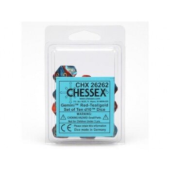 Chessex Gemini Ten d10 Sets - Red-Teal with gold