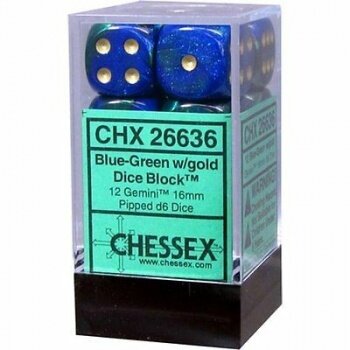 Chessex Gemini 16mm d6 with pips Dice Blocks (12 Dice) - Blue-Green w/gold
