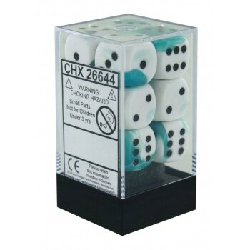 Chessex Gemini 16mm d6 with pips Dice Blocks (12 Dice) - White-Teal w/black