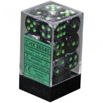 Chessex Gemini 16mm d6 with pips Dice Blocks (12 Dice) - Black-Grey w/green