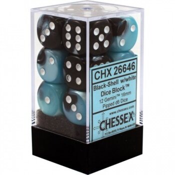 Chessex Gemini 16mm d6 with pips Dice Blocks (12 Dice) - Black-Shell w/white