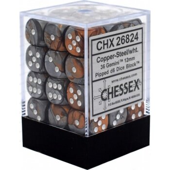 Chessex Gemini 12mm d6 Dice Blocks with pips Dice Blocks (36 Dice) - Copper-Steel w/white