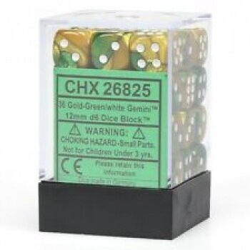 Chessex Gemini 12mm d6 Dice Blocks with pips Dice Blocks (36 Dice) - Gold-Green w/white