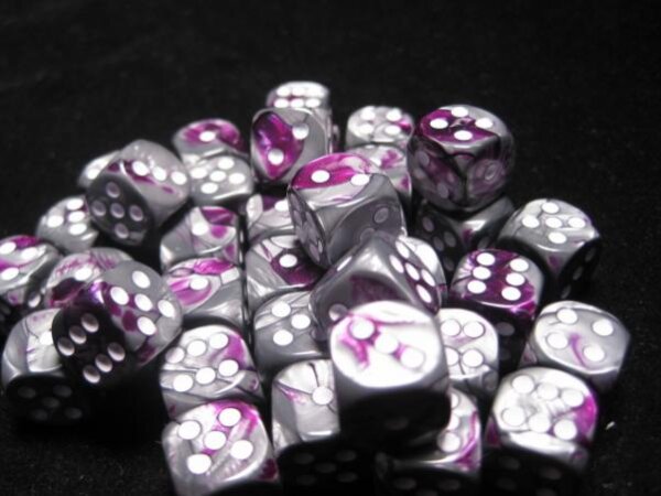 Chessex Gemini 12mm d6 Dice Blocks with pips Dice Blocks (36 Dice) - Purple-Steel w/white