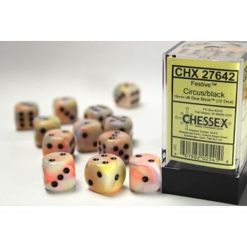Chessex 16mm d6 with pips Dice Blocks (12 Dice) - Festive Circus w/black