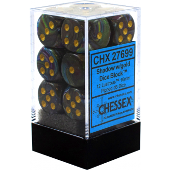 Chessex 16mm d6 with pips Dice Blocks (12 Dice) - Lustrous Shadow w/gold