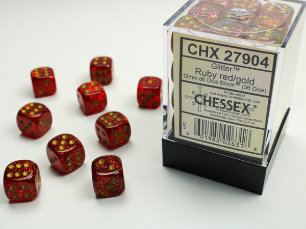 Chessex Signature 12mm d6 with pips Dice Blocks (36 Dice) - Glitter Polyhedral Ruby/gold