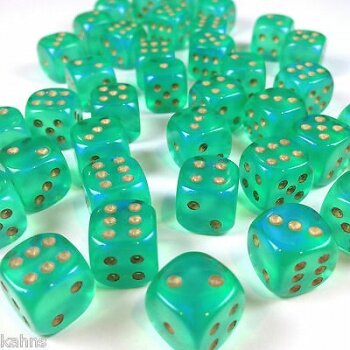 Chessex Borealis 12mm d6 Light Green/gold Luminary Dice Block (36 Dice)