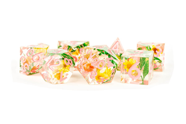 Handcrafted Sharp Edge Resin Dice Set: Chrysanthemum with Pink Numbers