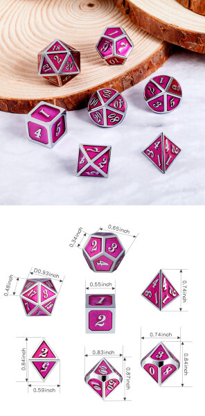 Metal & Enamel Dice Set (7) Magenta & Silver