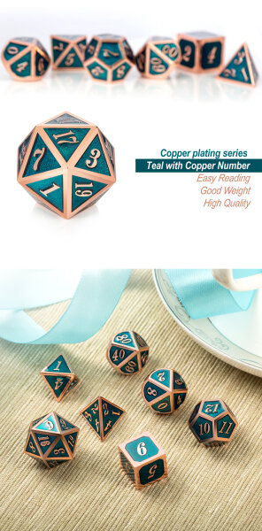 Metal & Enamel Dice Set (7) Teal & Copper