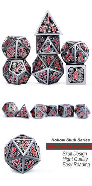Hollow Dice Set (7) Skull Gunmetal & Red