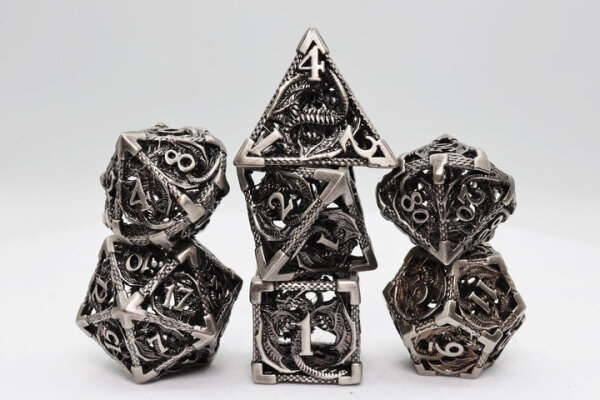 Chained Hollow Silver Dragon RPG Metal Dice Set (7)