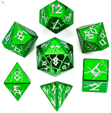 Metal Solid Barbarian Shiny Green w/Silver Polyhedral Dice Set