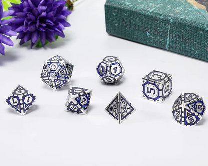 Solid Metal Star Map Silver W/ Glitter Blue Polyhedral Dice Set