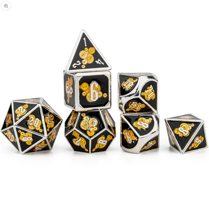 Gold Gears Solid Gear Steampunk Themed Polyhedral Dice Set