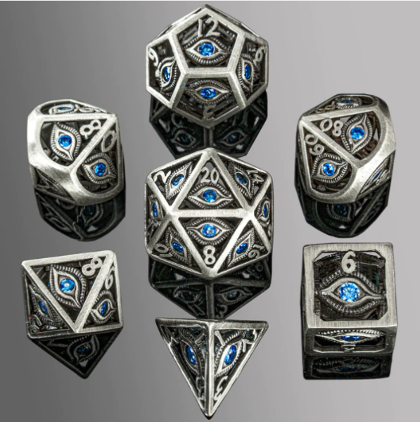 Ancient Silver w/Blue Gems Dragon Eye Dice Set (7)