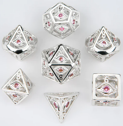 Ancient Gold with white Diamond Gems Dragons Eye Hollow Metal Dice Set (7)