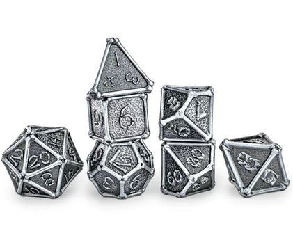 Ancient Silver Bone Collector Solid Metal Polyhedral Dice Set