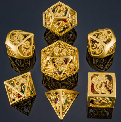 Matt Gold Hollow Dragon Dice Set Filled w/Gems (7)
