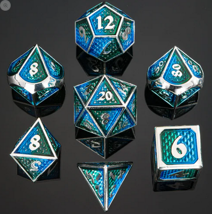 Behemoth Silver w/Green & Blue Solid Metal Polyhedral Dice Set