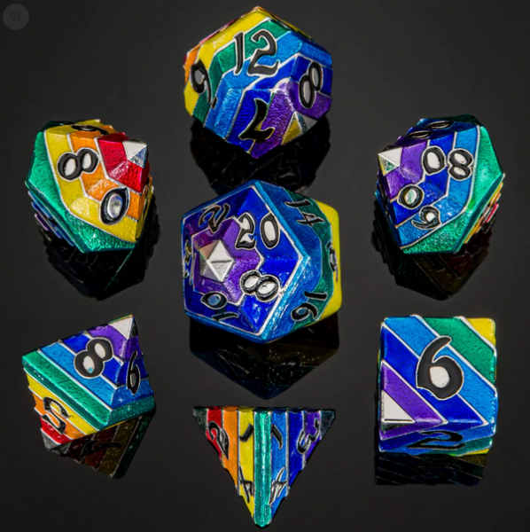Pride Rainbow Metal Silver with black numbers Polyhedral Dice Set