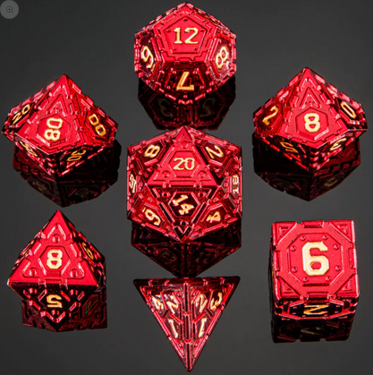 Solid Metal Star Map Red W/ Gold Polyhedral Dice Set