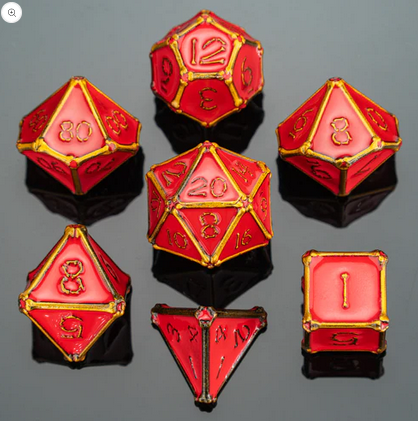 Gold with Red enamel Bone Collector Solid Metal Polyhedral Dice Set