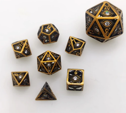 Hollow 10mm mini Dragons Eye Dice Set Ancient Gold w/Clear Gems (7)