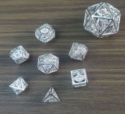 Hollow 10mm mini Dragons Eye Dice Set Shiny Silver w/Pink Gems (7)