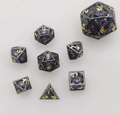 Hollow 10mm mini Dragons Eye Dice Set Gunmetal w/Purple Gems (7)