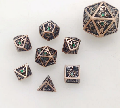 Hollow 10mm mini Dragons Eye Dice Set Ancient Copper w/Green Gems (7)