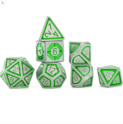Gunmetal with Green Chrome Inlay Leyline Solid Metal Polyhedral Dice Set