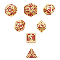 Gold with Red Enamel Solid Metal Dragon Polyhedral Polyhedral Dice Set
