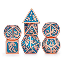 Copper with Light Blue Solid Metal Dragon Polyhedral Dice Set