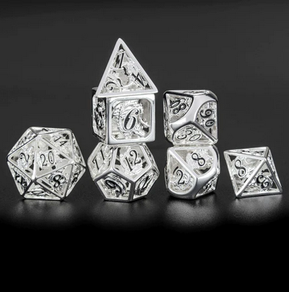 Shiny Silver Dragon w/black font Hollow Dice Set (7)