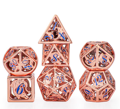 Rose Gold Hollow Dragon Dice w/blue fonts (7)