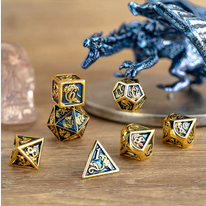 Gold with Royal Blue Solid Metal Dragon Polyhedral Dice Set