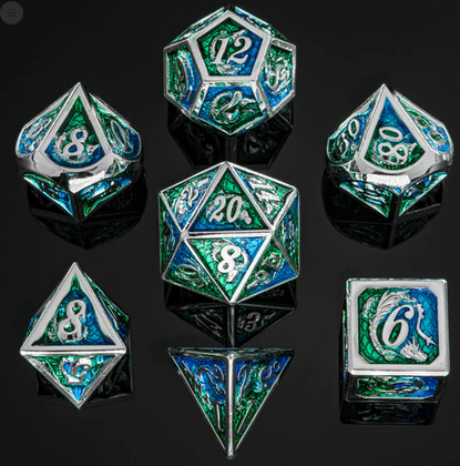 Silver w/Green & Blue Dragon Polyhedral Dice Set