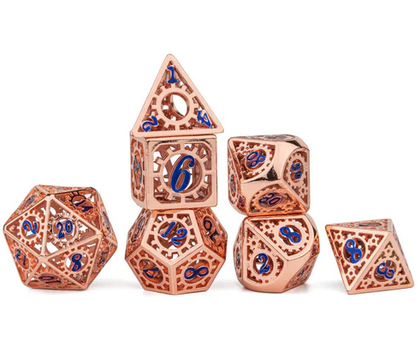 Copper w/Blue Enamel Hollow Metal Gears of Providence Dice Set (7)