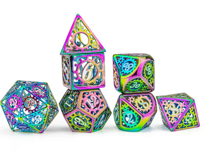 Prism Rainbow with White Enamel Hollow Metal Gears of Providence Dice Set (7)