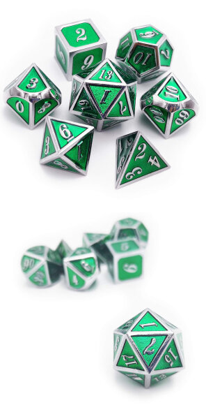 Metal & Enamel Dice Set (7) Green & Silver