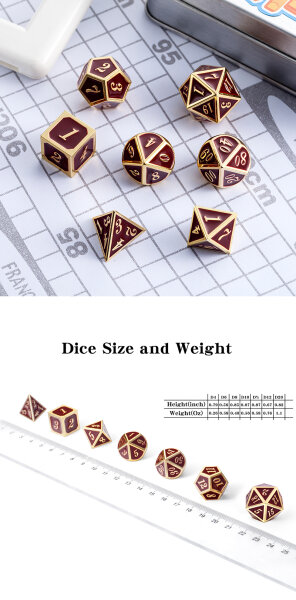 Metal & Enamel Dice Set (7) Maroon & Gold