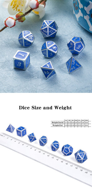 Metal & Enamel Dice Set (7) Azure & Silver