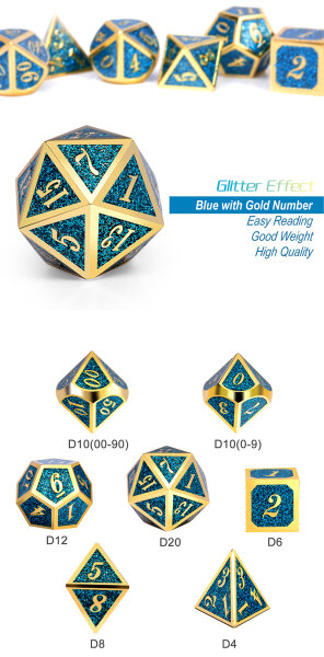 Metal & Enamel Dice Set (7) Teal Glitter