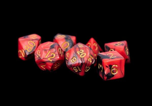 16mm Acrylic Dice Set Red/Black with Gold Numbers (7)