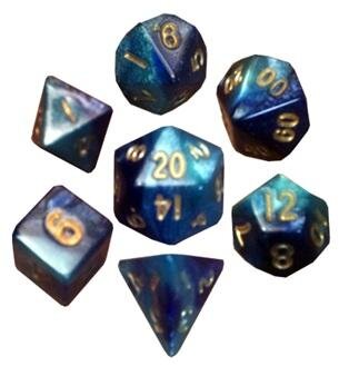 Mini Polyhedral Dice Set Dark Blue Light Blue with Gold Numbers (7)