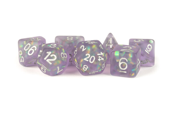 16mm Resin Icy Opal Dice Poly Set Purple w/ Silver Numbers (7)
