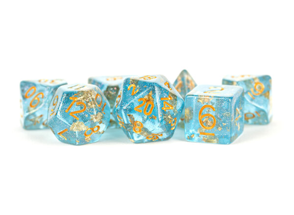 16mm Resin Polyhedral Dice Set Blue with Gold Foil (7)